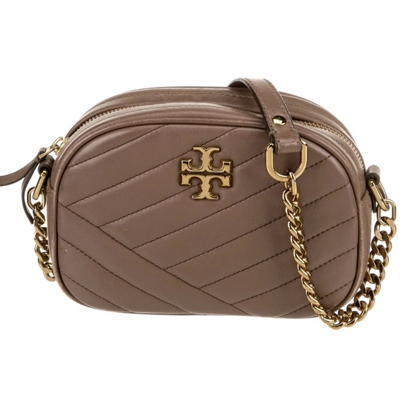 Tory Burch Handbags - Tory Burch Brown Taupe Kira Quilted Chevron Crossbody Camera Bag w/ Gold Details